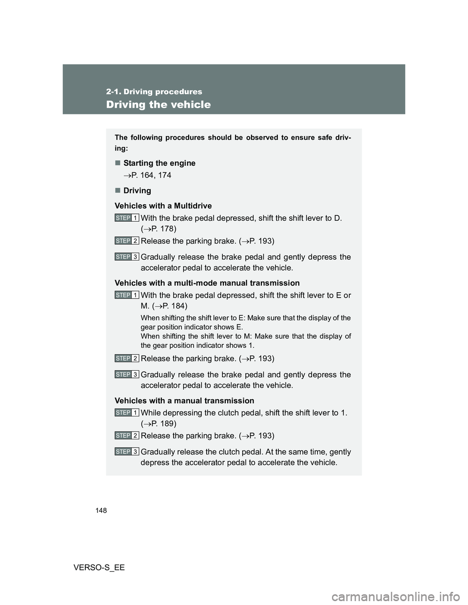 TOYOTA VERSO S 2013 Owners Manual 148
VERSO-S_EE
2-1. Driving procedures
Driving the vehicle
The following procedures should be observed to ensure safe driv-
ing:
Starting the engine
P. 164, 174
Driving
Vehicles with a Multid TOYOTA VERSO S 2013 Owners Manual 148
VERSO-S_EE
2-1. Driving procedures
Driving the vehicle
The following procedures should be observed to ensure safe driv-
ing:
Starting the engine
P. 164, 174
Driving
Vehicles with a Multid