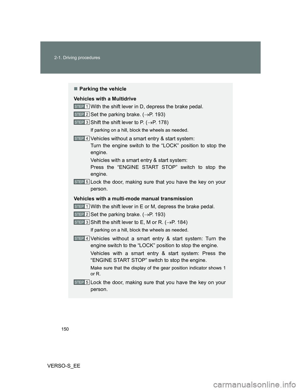 TOYOTA VERSO S 2013 Owners Manual 150 2-1. Driving procedures
VERSO-S_EE
Parking the vehicle
Vehicles with a Multidrive
With the shift lever in D, depress the brake pedal.
Set the parking brake. (P. 193)
Shift the shift lever to TOYOTA VERSO S 2013 Owners Manual 150 2-1. Driving procedures
VERSO-S_EE
Parking the vehicle
Vehicles with a Multidrive
With the shift lever in D, depress the brake pedal.
Set the parking brake. (P. 193)
Shift the shift lever to