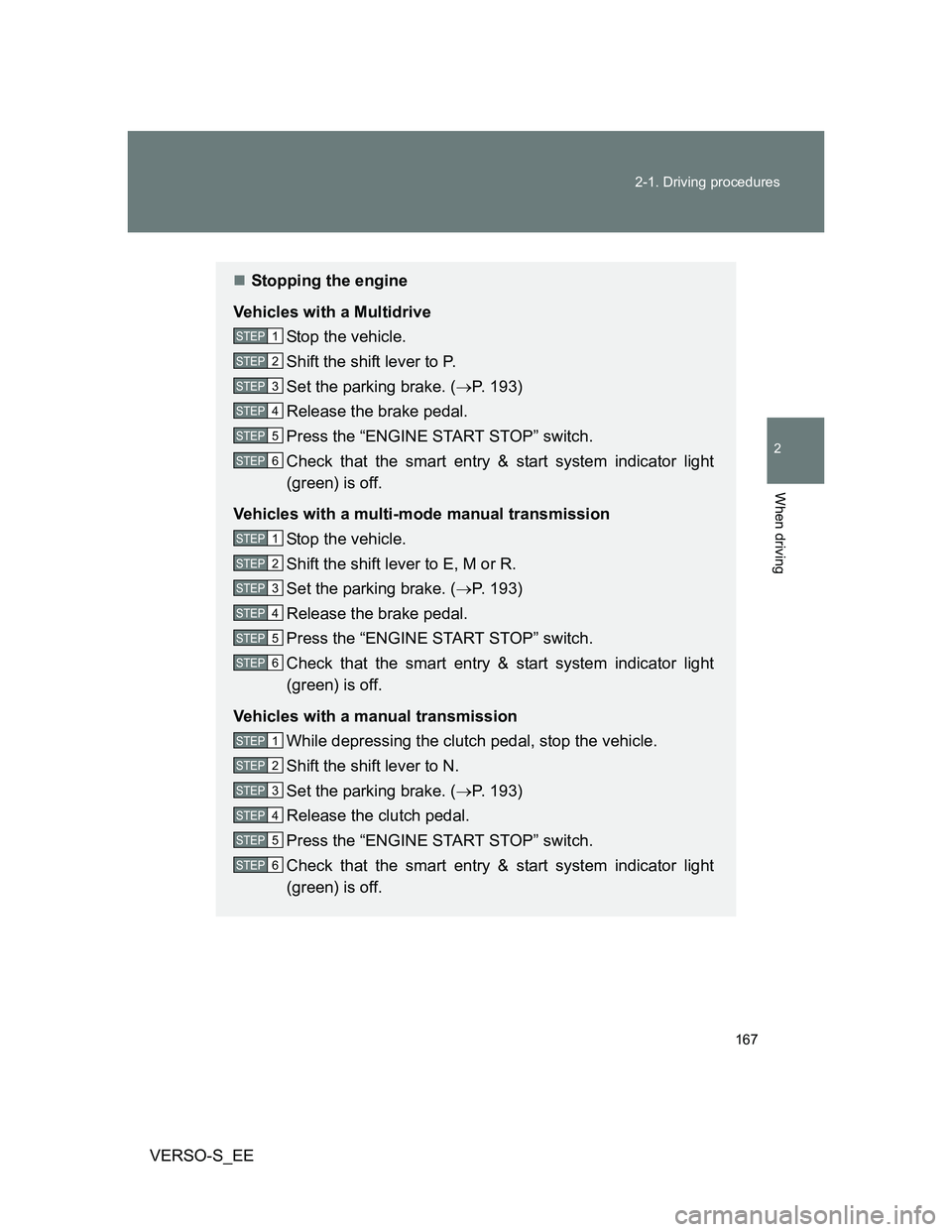 TOYOTA VERSO S 2013  Owners Manual 167 2-1. Driving procedures
2
When driving
VERSO-S_EE
Stopping the engine
Vehicles with a Multidrive
Stop the vehicle.
Shift the shift lever to P.
Set the parking brake. (P. 193)
Release the bra