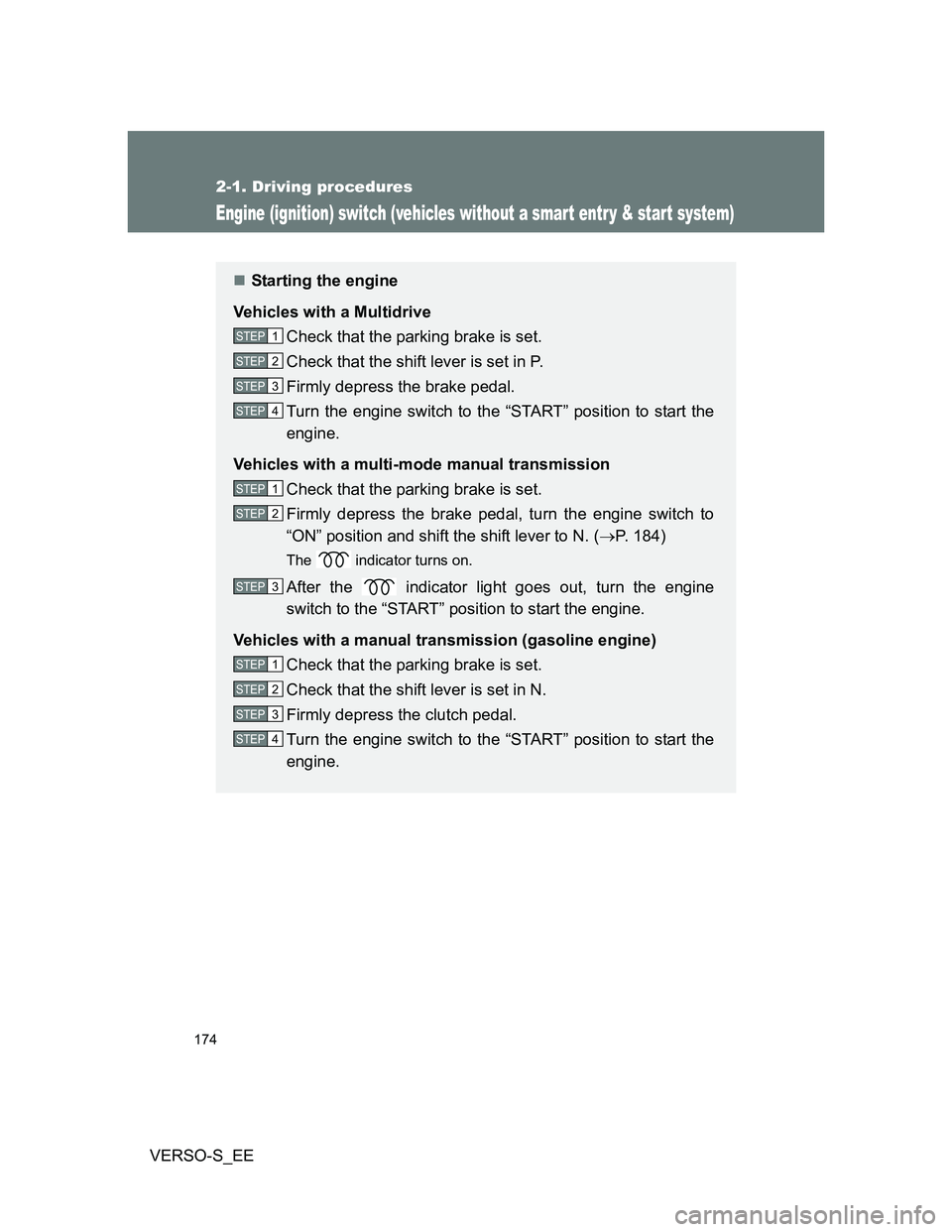TOYOTA VERSO S 2013 Owners Manual 174
2-1. Driving procedures
VERSO-S_EE
Engine (ignition) switch (vehicles without a smar t entr y & star t system)
Starting the engine
Vehicles with a Multidrive
Check that the parking brake is set TOYOTA VERSO S 2013 Owners Manual 174
2-1. Driving procedures
VERSO-S_EE
Engine (ignition) switch (vehicles without a smar t entr y & star t system)
Starting the engine
Vehicles with a Multidrive
Check that the parking brake is set