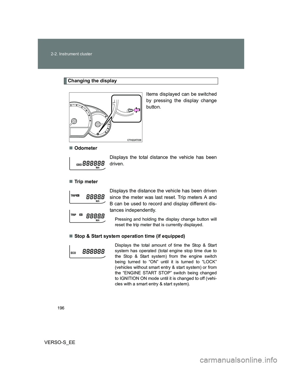 TOYOTA VERSO S 2013  Owners Manual 196 2-2. Instrument cluster
VERSO-S_EE
Changing the display
Items displayed can be switched
by pressing the display change
button. 
Odometer
Tr ip  m eter
Stop & Start system operation time (
