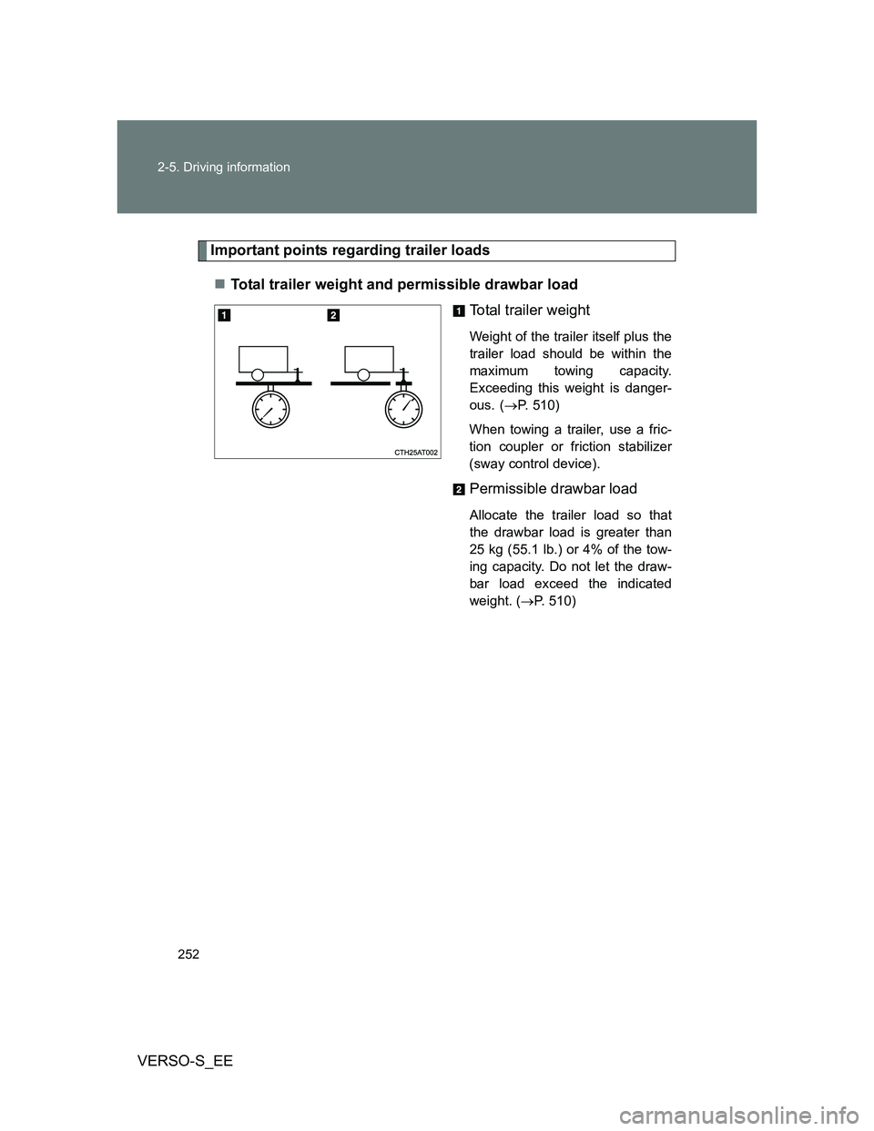 TOYOTA VERSO S 2013 Owners Manual 252 2-5. Driving information
VERSO-S_EE
Important points regarding trailer loads
Total trailer weight and permissible drawbar load
Total trailer weight
Weight of the trailer itself plus the
trailer TOYOTA VERSO S 2013 Owners Manual 252 2-5. Driving information
VERSO-S_EE
Important points regarding trailer loads
Total trailer weight and permissible drawbar load
Total trailer weight
Weight of the trailer itself plus the
trailer