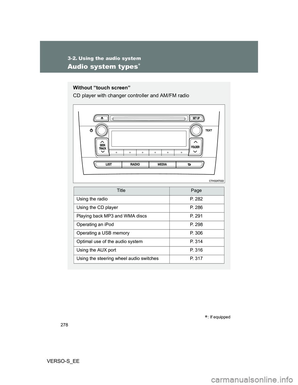 TOYOTA VERSO S 2013  Owners Manual 278
VERSO-S_EE
3-2. Using the audio system
Audio system types
: If equipped
Without “touch screen”
CD player with changer controller and AM/FM radio
TitlePage
Using the radioP. 282
Using the