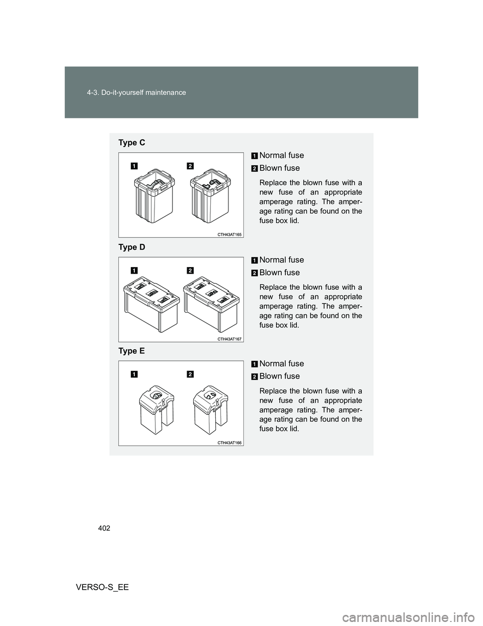TOYOTA VERSO S 2013  Owners Manual 402 4-3. Do-it-yourself maintenance
VERSO-S_EE
Ty p e  C
Normal fuse
Blown fuse
Replace the blown fuse with a
new fuse of an appropriate
amperage rating. The amper-
age rating can be found on the
fuse