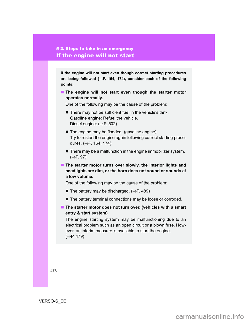 TOYOTA VERSO S 2013 Owners Manual 478
5-2. Steps to take in an emergency
VERSO-S_EE
If the engine will not start
If the engine will not start even though correct starting procedures
are being followed (P. 164, 174), consider each o TOYOTA VERSO S 2013 Owners Manual 478
5-2. Steps to take in an emergency
VERSO-S_EE
If the engine will not start
If the engine will not start even though correct starting procedures
are being followed (P. 164, 174), consider each o