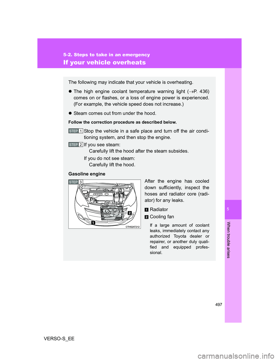 TOYOTA VERSO S 2013  Owners Manual 5
497
5-2. Steps to take in an emergency
When trouble arises
VERSO-S_EE
If your vehicle overheats
The following may indicate that your vehicle is overheating.
The high engine coolant temperature wa