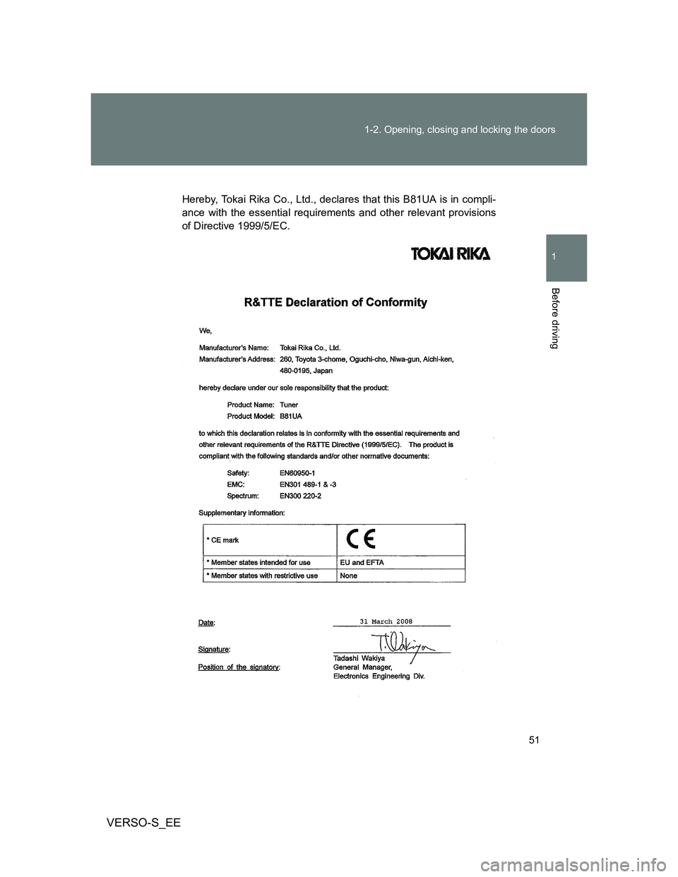 TOYOTA VERSO S 2013 Workshop Manual 51 1-2. Opening, closing and locking the doors
1
Before driving
VERSO-S_EE
Hereby, Tokai Rika Co., Ltd., declares that this B81UA is in compli-
ance with the essential requirements and other relevant 