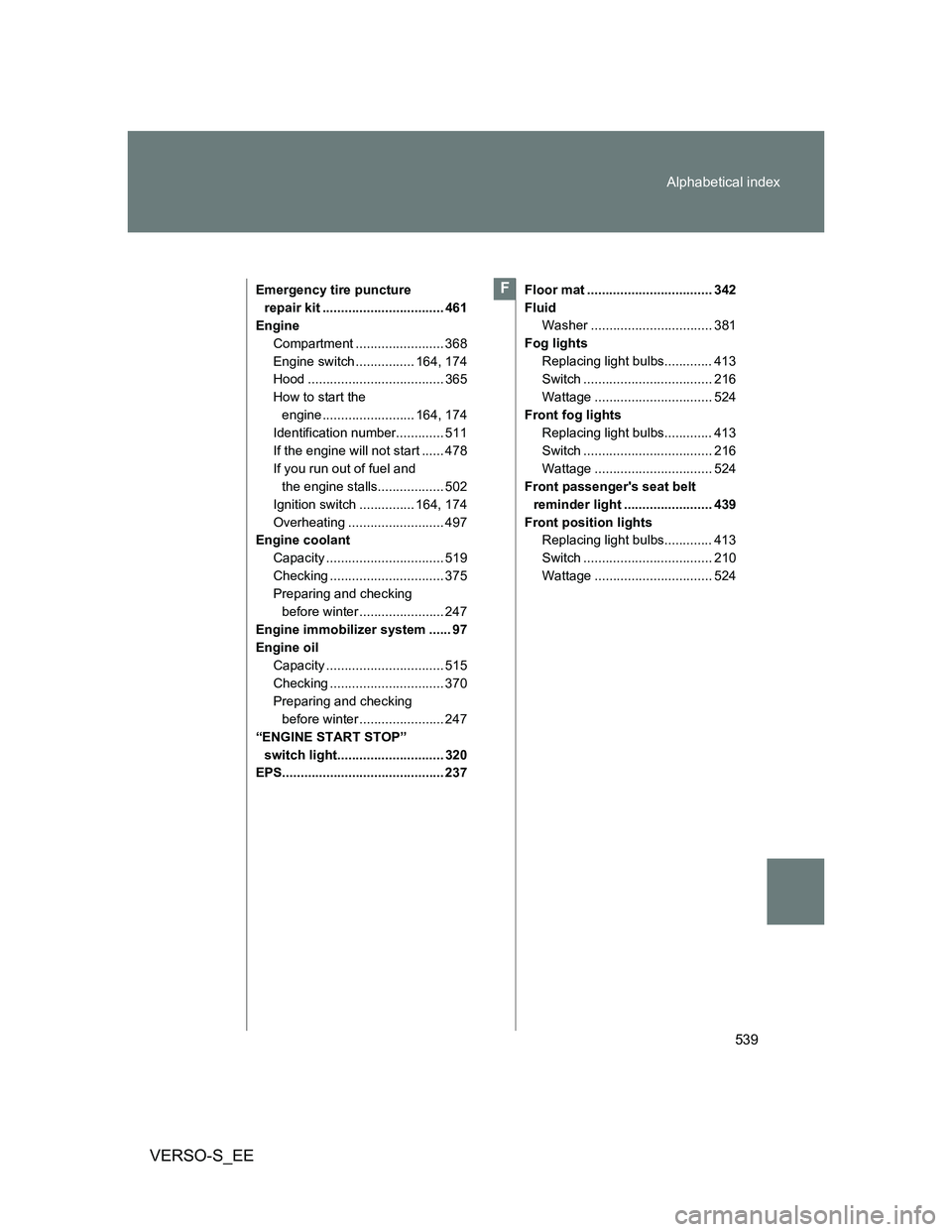 TOYOTA VERSO S 2013 Owners Manual 539 Alphabetical index
VERSO-S_EE
Emergency tire puncture
repair kit ................................. 461
Engine
Compartment ........................ 368
Engine switch ................ 164, 174
Hood TOYOTA VERSO S 2013 Owners Manual 539 Alphabetical index
VERSO-S_EE
Emergency tire puncture
repair kit ................................. 461
Engine
Compartment ........................ 368
Engine switch ................ 164, 174
Hood
