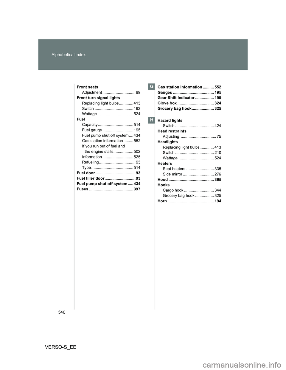 TOYOTA VERSO S 2013 Owners Manual 540 Alphabetical index
VERSO-S_EE
Front seats
Adjustment .............................. 69
Front turn signal lights
Replacing light bulbs ............. 413
Switch ................................... 1 TOYOTA VERSO S 2013 Owners Manual 540 Alphabetical index
VERSO-S_EE
Front seats
Adjustment .............................. 69
Front turn signal lights
Replacing light bulbs ............. 413
Switch ................................... 1