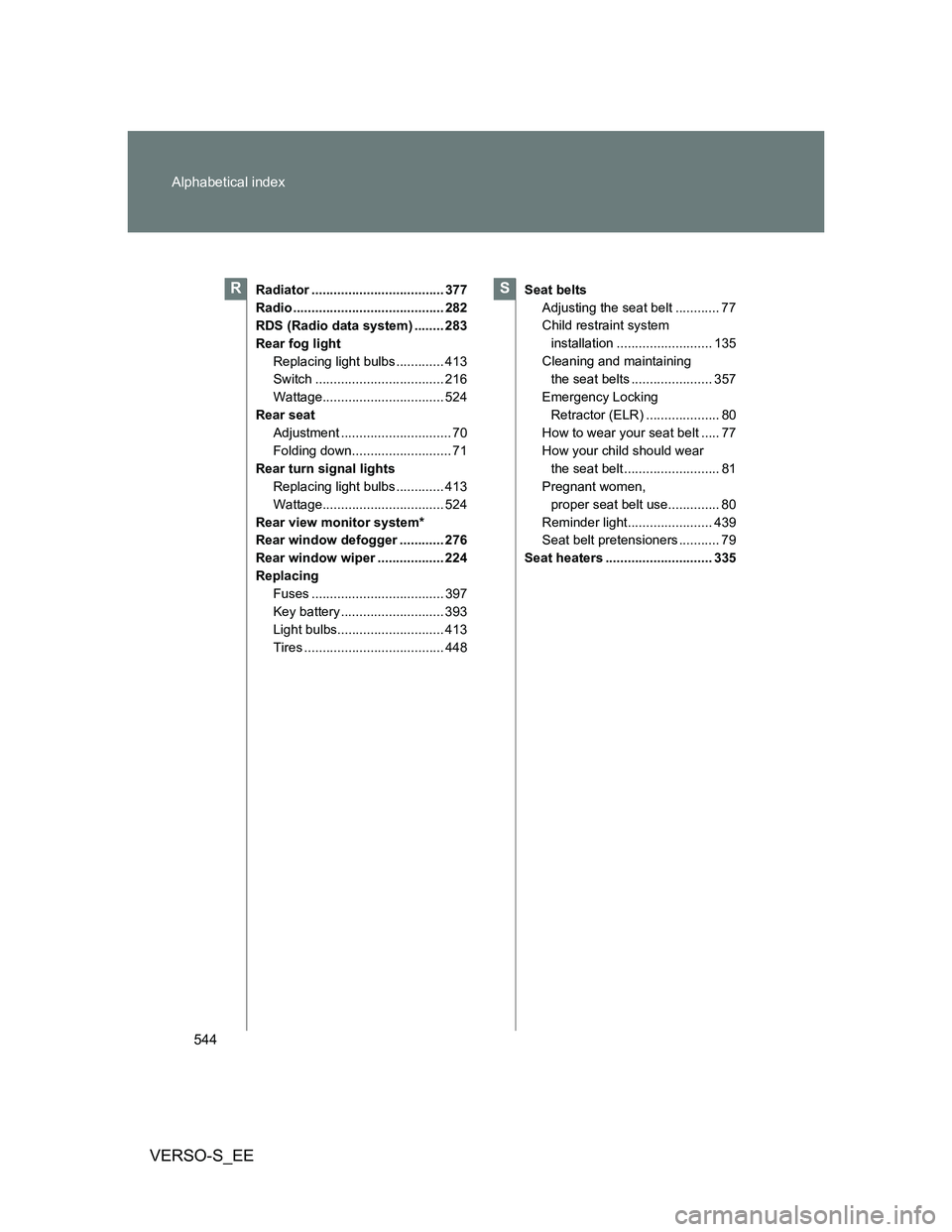 TOYOTA VERSO S 2013 Owners Manual 544 Alphabetical index
VERSO-S_EE
Radiator .................................... 377
Radio ......................................... 282
RDS (Radio data system) ........ 283
Rear fog light
Replacing li TOYOTA VERSO S 2013 Owners Manual 544 Alphabetical index
VERSO-S_EE
Radiator .................................... 377
Radio ......................................... 282
RDS (Radio data system) ........ 283
Rear fog light
Replacing li