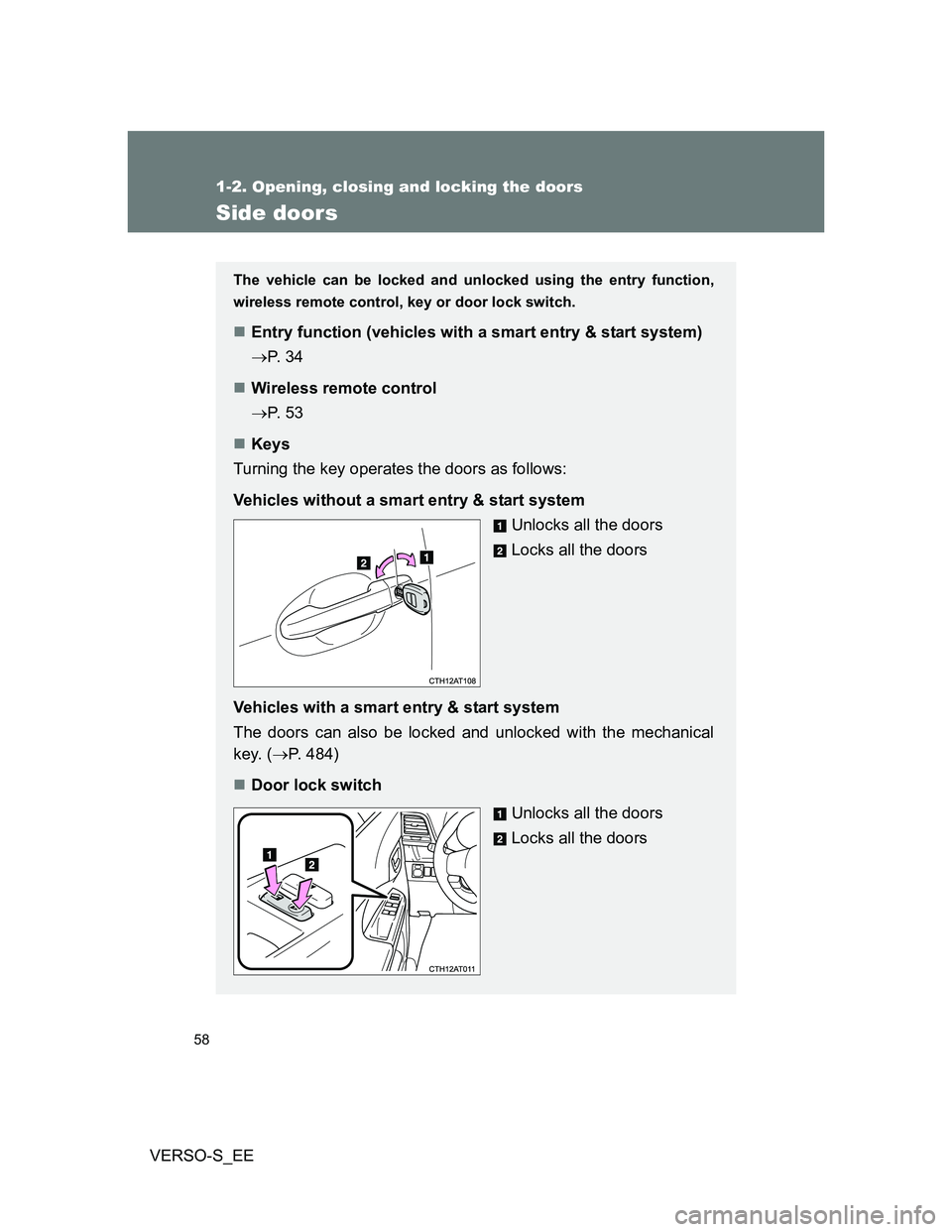 TOYOTA VERSO S 2013 Workshop Manual 58
1-2. Opening, closing and locking the doors
VERSO-S_EE
Side doors
The vehicle can be locked and unlocked using the entry function,
wireless remote control, key or door lock switch.
Entry functio