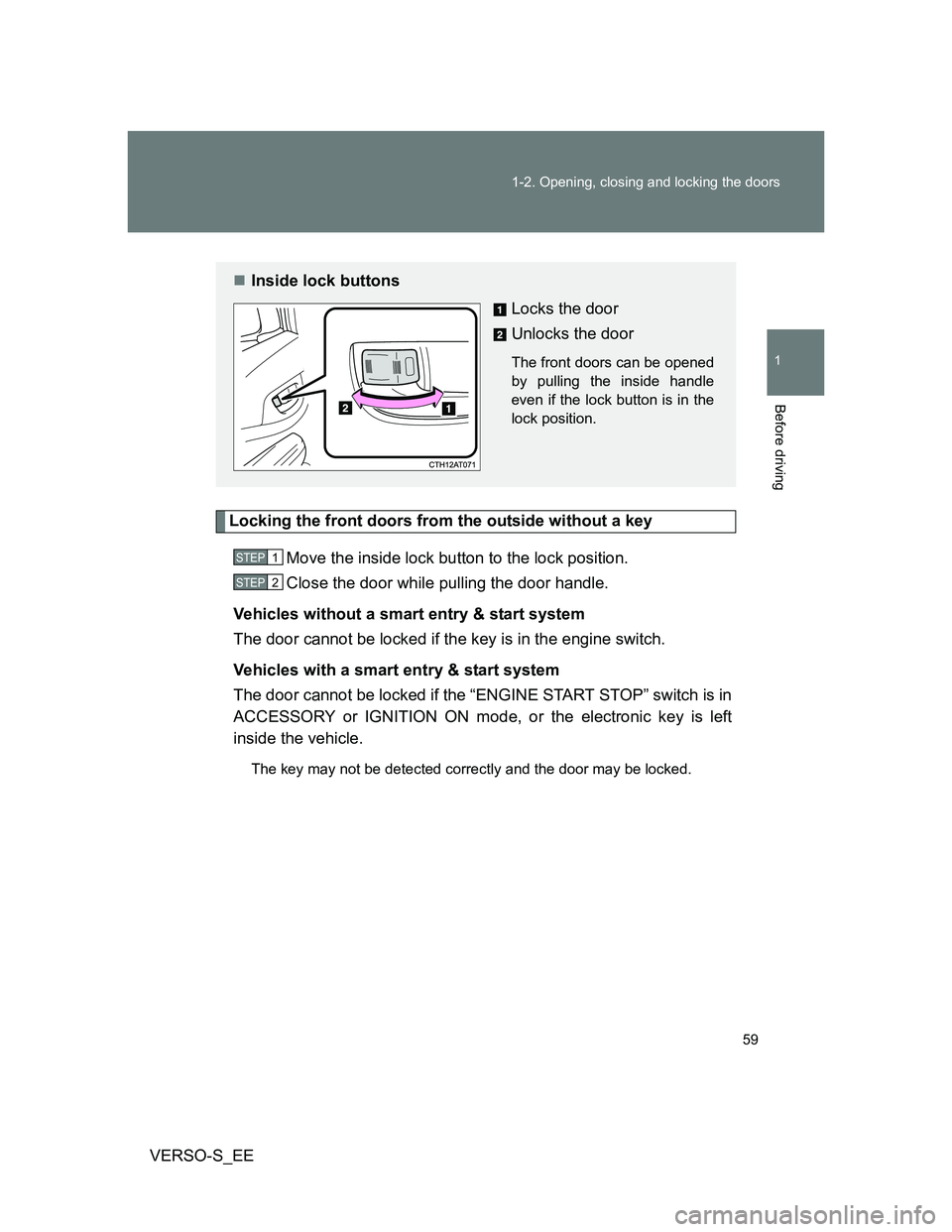 TOYOTA VERSO S 2013 Workshop Manual 59 1-2. Opening, closing and locking the doors
1
Before driving
VERSO-S_EE
Locking the front doors from the outside without a key
Move the inside lock button to the lock position.
Close the door while