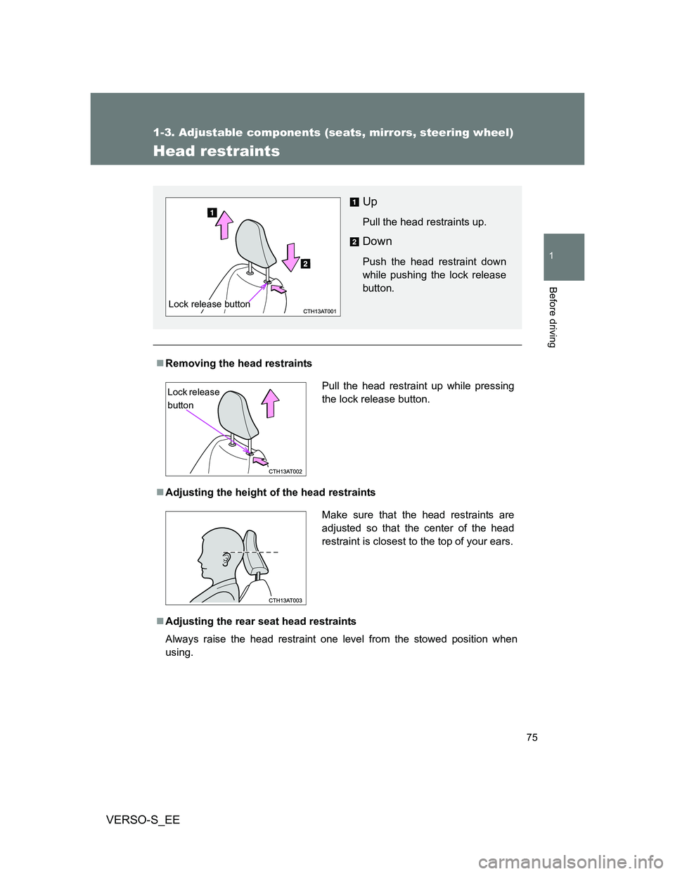 TOYOTA VERSO S 2013 Manual PDF 75
1
1-3. Adjustable components (seats, mirrors, steering wheel)
Before driving
VERSO-S_EE
Head restraints
Removing the head restraints
Adjusting the height of the head restraints
Adjusting t