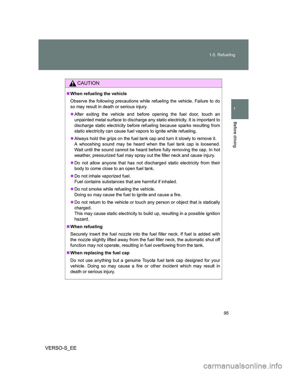 TOYOTA VERSO S 2013 Owners Manual 95 1-5. Refueling
1
Before driving
VERSO-S_EE
CAUTION
When refueling the vehicle
Observe the following precautions while refueling the vehicle. Failure to do
so may result in death or serious injur TOYOTA VERSO S 2013 Owners Manual 95 1-5. Refueling
1
Before driving
VERSO-S_EE
CAUTION
When refueling the vehicle
Observe the following precautions while refueling the vehicle. Failure to do
so may result in death or serious injur