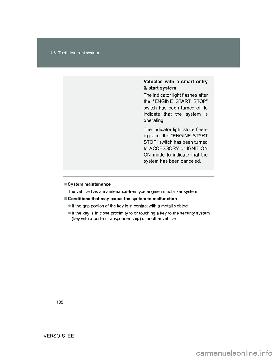 TOYOTA VERSO S 2014  Owners Manual 108 1-6. Theft deterrent system
VERSO-S_EE
System maintenance
The vehicle has a maintenance-free type engine immobilizer system.
Conditions that may cause the system to malfunction
If the gri