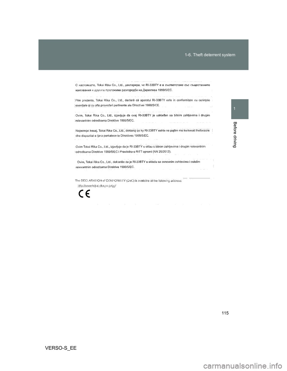 TOYOTA VERSO S 2014  Owners Manual 115 1-6. Theft deterrent system
1
Before driving
VERSO-S_EE 