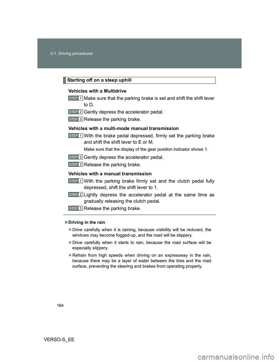 TOYOTA VERSO S 2014 Owners Manual 164 2-1. Driving procedures
VERSO-S_EE
Starting off on a steep uphill
Vehicles with a Multidrive
Make sure that the parking brake is set and shift the shift lever
to D.
Gently depress the accelerator TOYOTA VERSO S 2014 Owners Manual 164 2-1. Driving procedures
VERSO-S_EE
Starting off on a steep uphill
Vehicles with a Multidrive
Make sure that the parking brake is set and shift the shift lever
to D.
Gently depress the accelerator