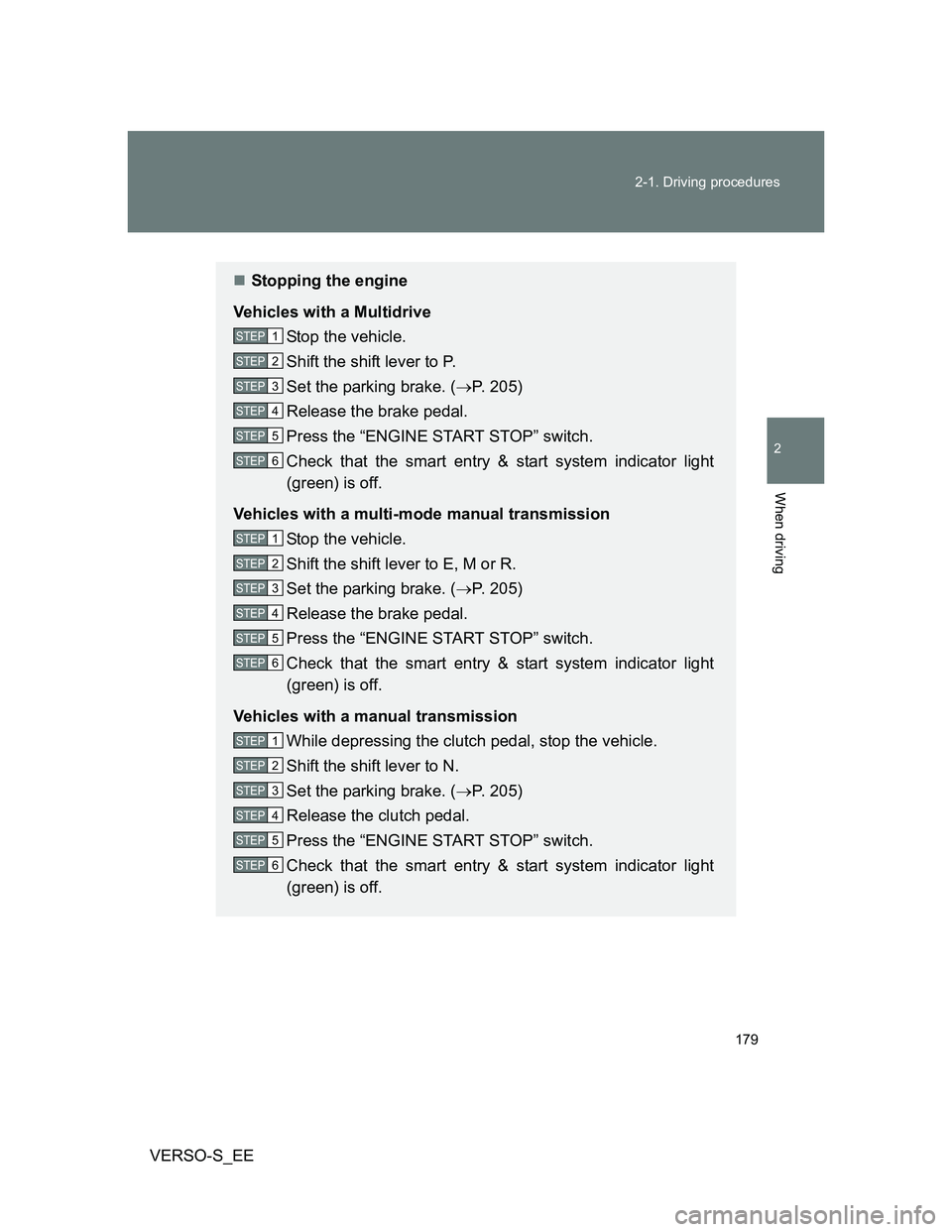 TOYOTA VERSO S 2014 Owners Manual 179 2-1. Driving procedures
2
When driving
VERSO-S_EE
Stopping the engine
Vehicles with a Multidrive
Stop the vehicle.
Shift the shift lever to P.
Set the parking brake. (P. 205)
Release the bra TOYOTA VERSO S 2014 Owners Manual 179 2-1. Driving procedures
2
When driving
VERSO-S_EE
Stopping the engine
Vehicles with a Multidrive
Stop the vehicle.
Shift the shift lever to P.
Set the parking brake. (P. 205)
Release the bra