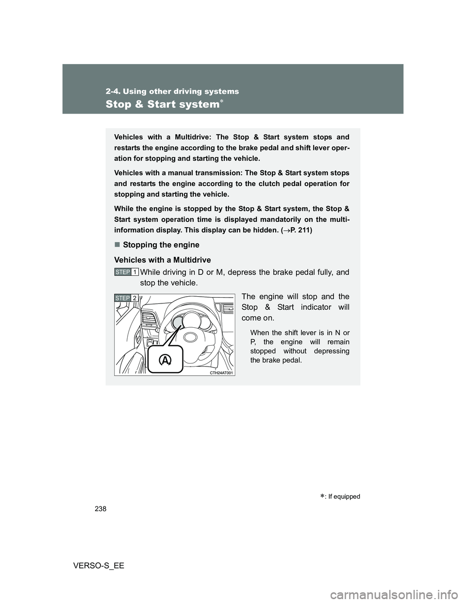 TOYOTA VERSO S 2014 Owners Manual 238
VERSO-S_EE
2-4. Using other driving systems
Stop & Start system
: If equipped
Vehicles with a Multidrive: The Stop & Start system stops and
restarts the engine according to the brake pedal a TOYOTA VERSO S 2014 Owners Manual 238
VERSO-S_EE
2-4. Using other driving systems
Stop & Start system
: If equipped
Vehicles with a Multidrive: The Stop & Start system stops and
restarts the engine according to the brake pedal a