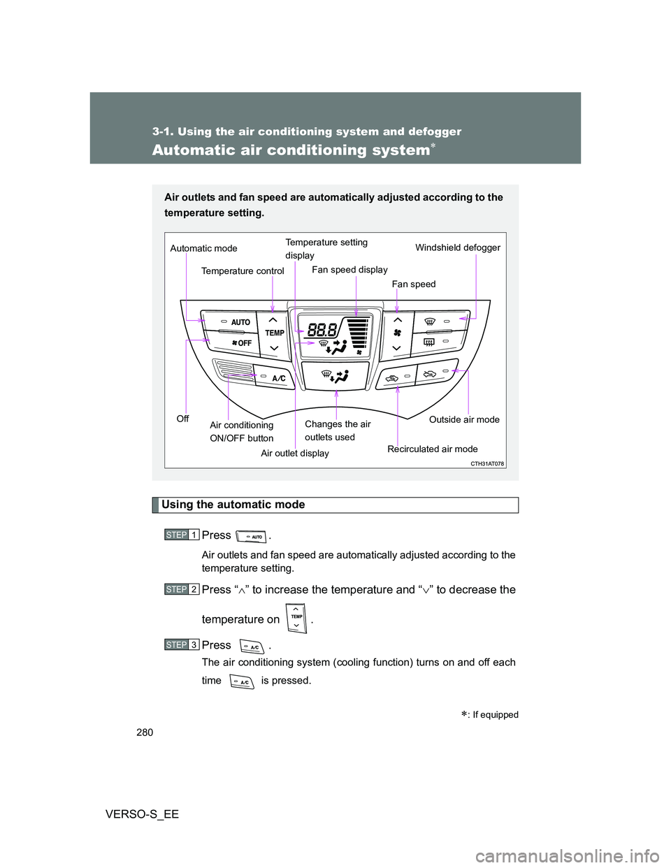 TOYOTA VERSO S 2014  Owners Manual 280
3-1. Using the air conditioning system and defogger
VERSO-S_EE
Automatic air conditioning system
Using the automatic mode
Press .
Air outlets and fan speed are automatically adjusted according 