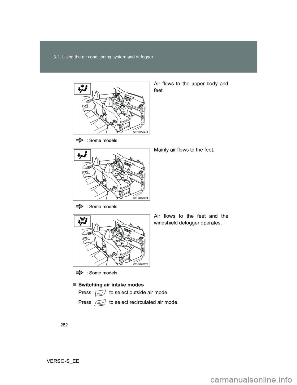 TOYOTA VERSO S 2014 Owners Manual 282 3-1. Using the air conditioning system and defogger
VERSO-S_EEAir flows to the upper body and
feet.
: Some models
Mainly air flows to the feet.
: Some models
Air flows to the feet and the
windshie TOYOTA VERSO S 2014 Owners Manual 282 3-1. Using the air conditioning system and defogger
VERSO-S_EEAir flows to the upper body and
feet.
: Some models
Mainly air flows to the feet.
: Some models
Air flows to the feet and the
windshie