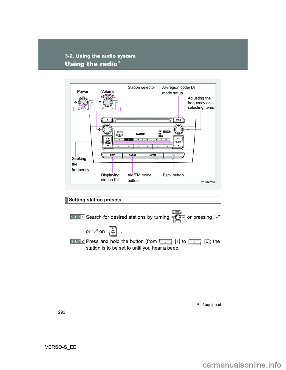 TOYOTA VERSO S 2014 Owners Manual 292
3-2. Using the audio system
VERSO-S_EE
Using the radio
Setting station presets
Search for desired stations by turning or pressing “
”
or “” on .
Press and hold the button (from TOYOTA VERSO S 2014 Owners Manual 292
3-2. Using the audio system
VERSO-S_EE
Using the radio
Setting station presets
Search for desired stations by turning or pressing “
”
or “” on .
Press and hold the button (from