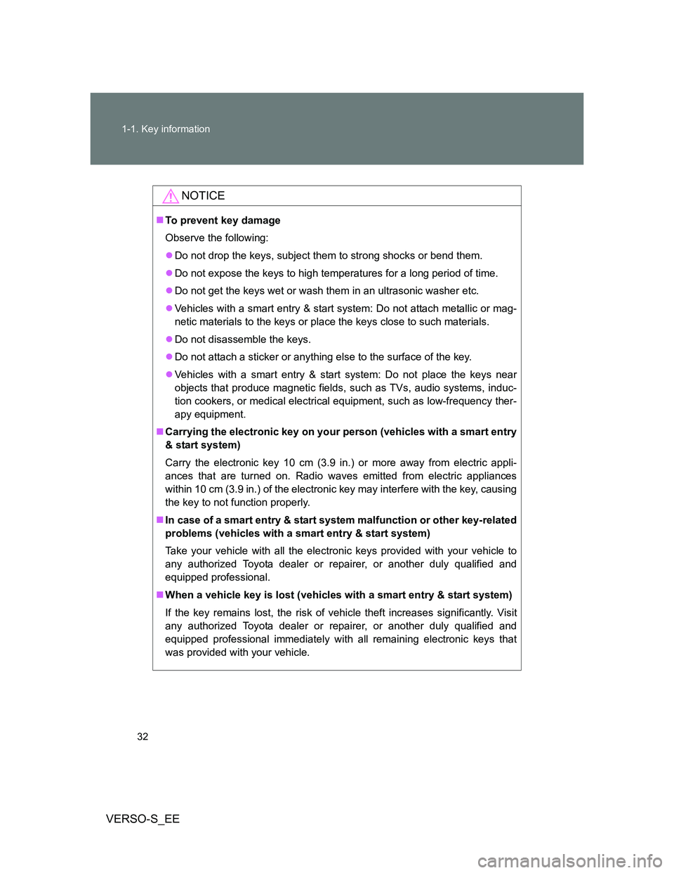 TOYOTA VERSO S 2014 Owners Guide 32 1-1. Key information
VERSO-S_EE
NOTICE
To prevent key damage
Observe the following:
Do not drop the keys, subject them to strong shocks or bend them.
Do not expose the keys to high tempera