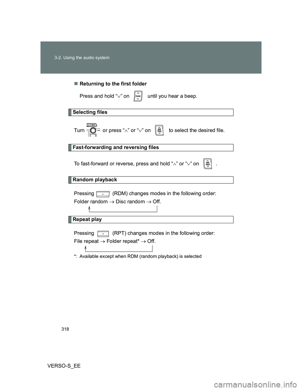 TOYOTA VERSO S 2014 Owners Manual 318 3-2. Using the audio system
VERSO-S_EEReturning to the first folder
Press and hold “” on until you hear a beep.
Selecting files
Turn or press “” or “” on to select th TOYOTA VERSO S 2014 Owners Manual 318 3-2. Using the audio system
VERSO-S_EEReturning to the first folder
Press and hold “” on until you hear a beep.
Selecting files
Turn or press “” or “” on to select th