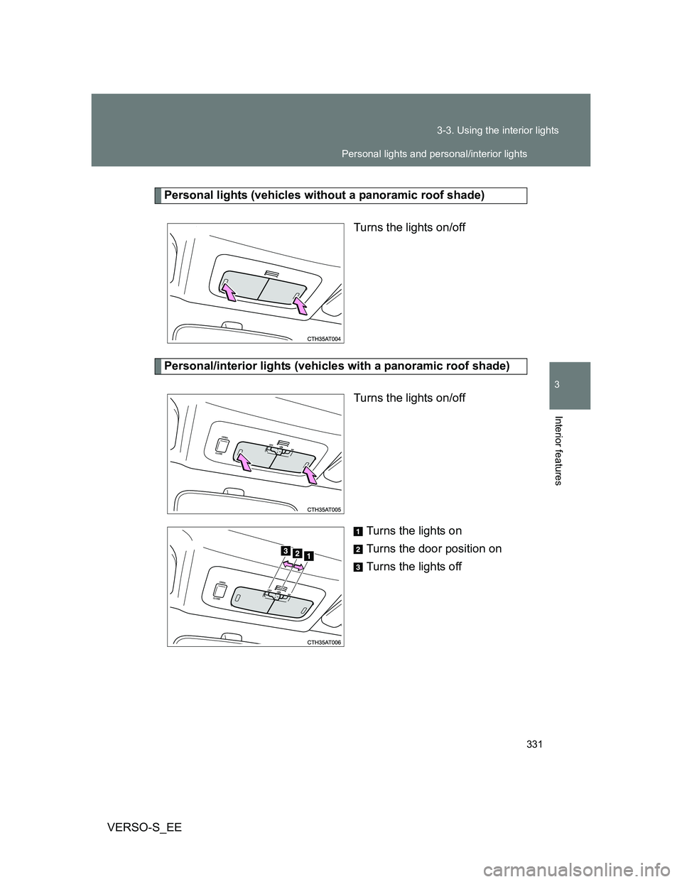 TOYOTA VERSO S 2014  Owners Manual 331 3-3. Using the interior lights
3
Interior features
VERSO-S_EE
Personal lights (vehicles without a panoramic roof shade)
Turns the lights on/off
Personal/interior lights (vehicles with a panoramic 
