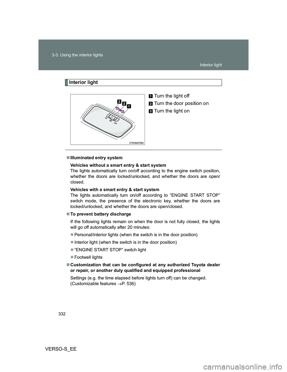 TOYOTA VERSO S 2014 Owners Manual 332 3-3. Using the interior lights
VERSO-S_EE
Interior light
Turn the light off
Turn the door position on
Turn the light on
Illuminated entry system
Vehicles without a smart entry & start system
Th TOYOTA VERSO S 2014 Owners Manual 332 3-3. Using the interior lights
VERSO-S_EE
Interior light
Turn the light off
Turn the door position on
Turn the light on
Illuminated entry system
Vehicles without a smart entry & start system
Th