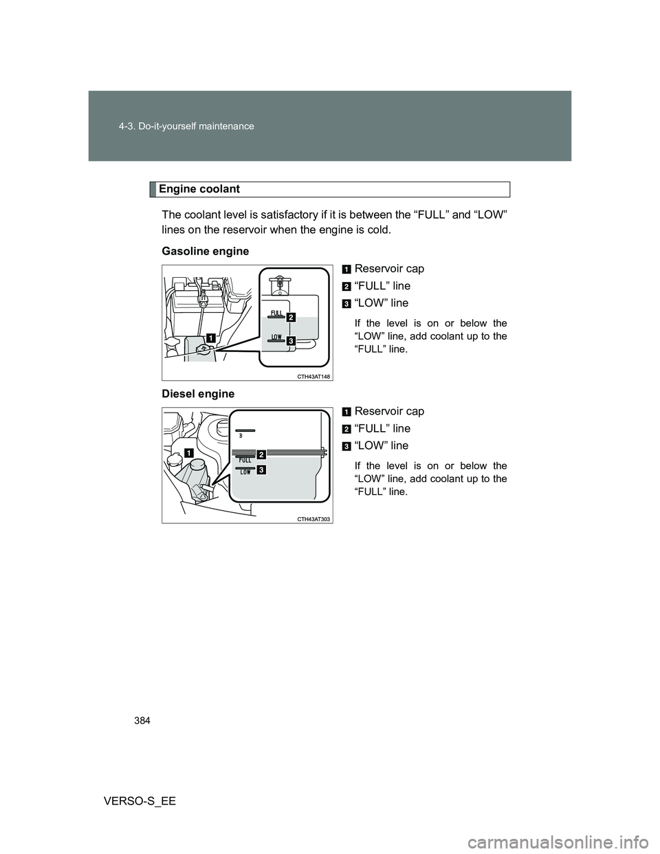 TOYOTA VERSO S 2014 Owners Manual 384 4-3. Do-it-yourself maintenance
VERSO-S_EE
Engine coolant
The coolant level is satisfactory if it is between the “FULL” and “LOW”
lines on the reservoir when the engine is cold.
Gasoline e TOYOTA VERSO S 2014 Owners Manual 384 4-3. Do-it-yourself maintenance
VERSO-S_EE
Engine coolant
The coolant level is satisfactory if it is between the “FULL” and “LOW”
lines on the reservoir when the engine is cold.
Gasoline e