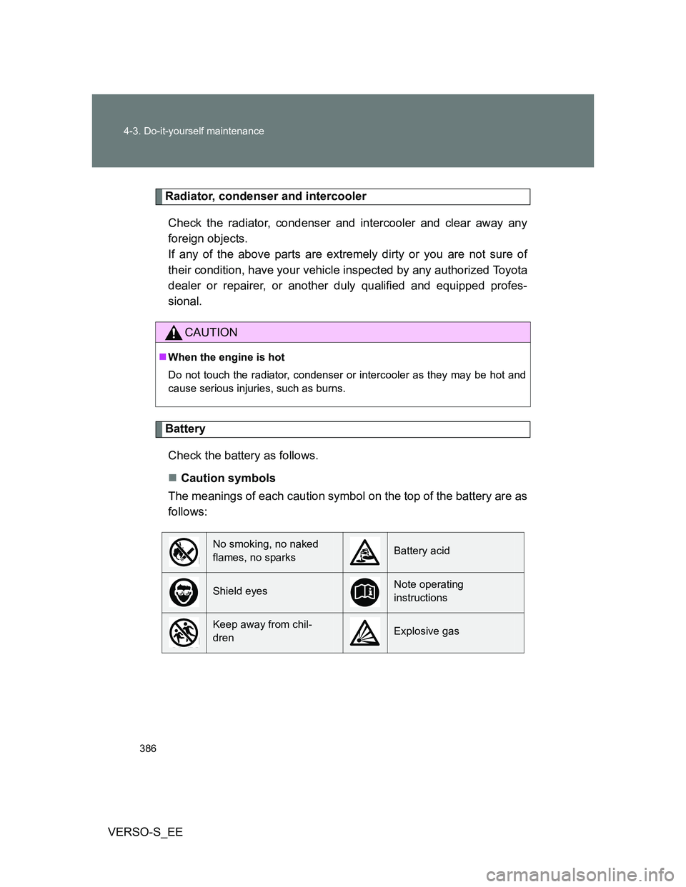 TOYOTA VERSO S 2014 Owners Manual 386 4-3. Do-it-yourself maintenance
VERSO-S_EE
Radiator, condenser and intercooler
Check the radiator, condenser and intercooler and clear away any
foreign objects.
If any of the above parts are extr TOYOTA VERSO S 2014 Owners Manual 386 4-3. Do-it-yourself maintenance
VERSO-S_EE
Radiator, condenser and intercooler
Check the radiator, condenser and intercooler and clear away any
foreign objects.
If any of the above parts are extr
