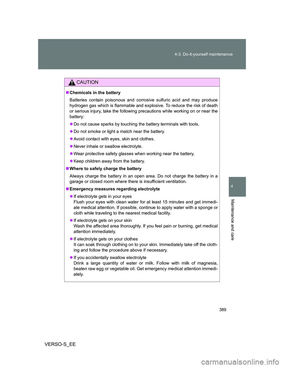 TOYOTA VERSO S 2014 Owners Manual 389 4-3. Do-it-yourself maintenance
4
Maintenance and care
VERSO-S_EE
CAUTION
Chemicals in the battery
Batteries contain poisonous and corrosive sulfuric acid and may produce
hydrogen gas which is TOYOTA VERSO S 2014 Owners Manual 389 4-3. Do-it-yourself maintenance
4
Maintenance and care
VERSO-S_EE
CAUTION
Chemicals in the battery
Batteries contain poisonous and corrosive sulfuric acid and may produce
hydrogen gas which is