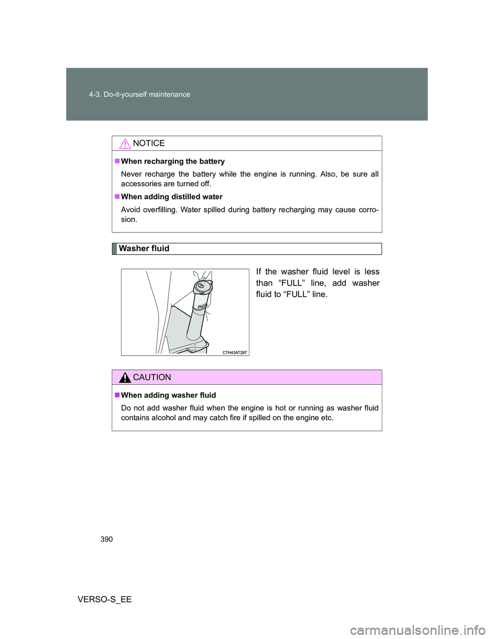 TOYOTA VERSO S 2014 Owners Manual 390 4-3. Do-it-yourself maintenance
VERSO-S_EE
Washer fluid
If the washer fluid level is less
than “FULL” line, add washer
fluid to “FULL” line.
NOTICE
When recharging the battery
Never rec TOYOTA VERSO S 2014 Owners Manual 390 4-3. Do-it-yourself maintenance
VERSO-S_EE
Washer fluid
If the washer fluid level is less
than “FULL” line, add washer
fluid to “FULL” line.
NOTICE
When recharging the battery
Never rec
