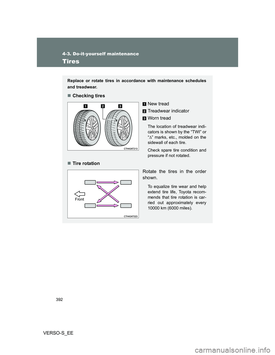 TOYOTA VERSO S 2014 Owners Manual 392
4-3. Do-it-yourself maintenance
VERSO-S_EE
Tires
Replace or rotate tires in accordance with maintenance schedules
and treadwear.
Checking tires
New tread
Treadwear indicator
Worn tread
The loca TOYOTA VERSO S 2014 Owners Manual 392
4-3. Do-it-yourself maintenance
VERSO-S_EE
Tires
Replace or rotate tires in accordance with maintenance schedules
and treadwear.
Checking tires
New tread
Treadwear indicator
Worn tread
The loca