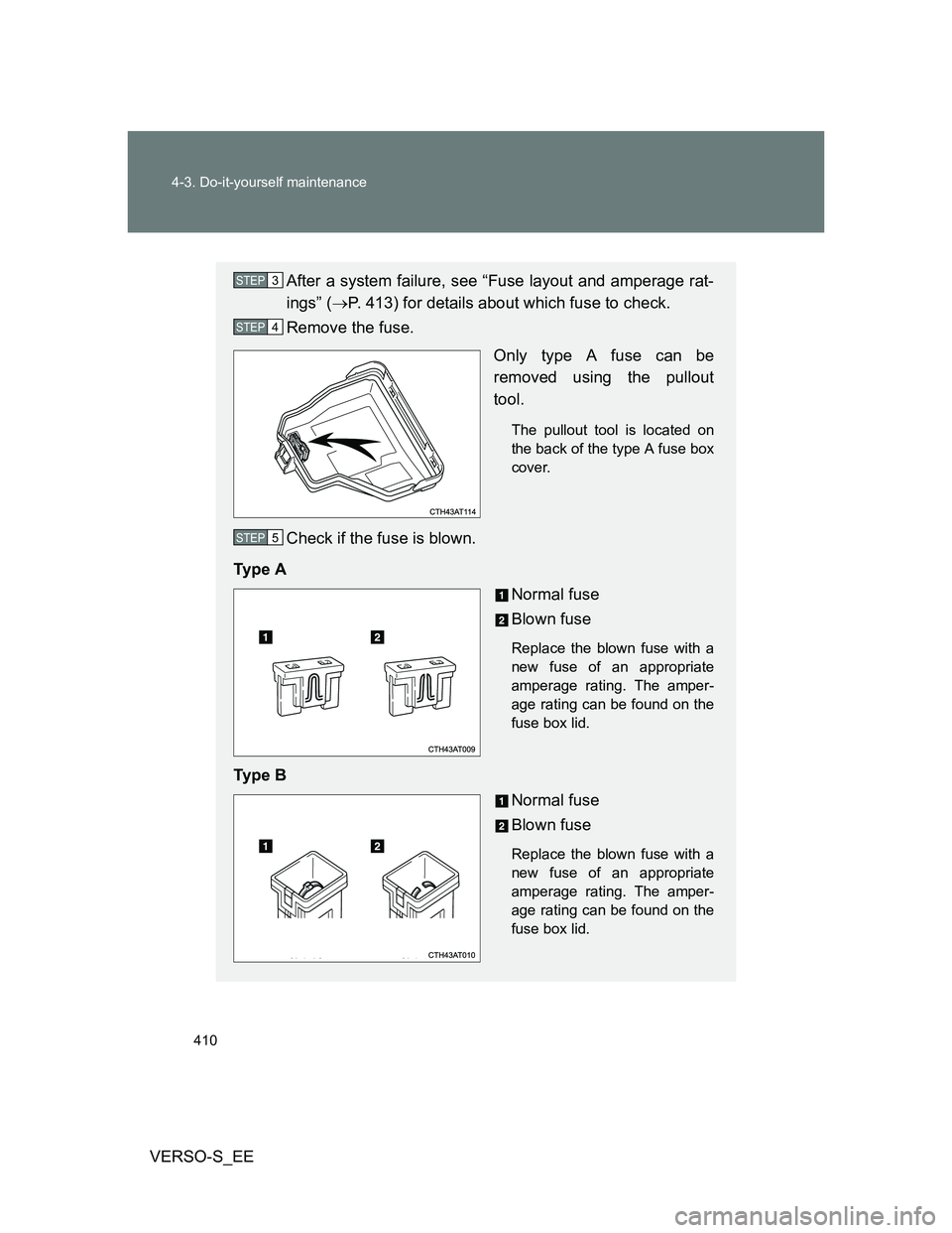 TOYOTA VERSO S 2014  Owners Manual 410 4-3. Do-it-yourself maintenance
VERSO-S_EE
After a system failure, see “Fuse layout and amperage rat-
ings” (P. 413) for details about which fuse to check.
Remove the fuse.
Only type A fuse