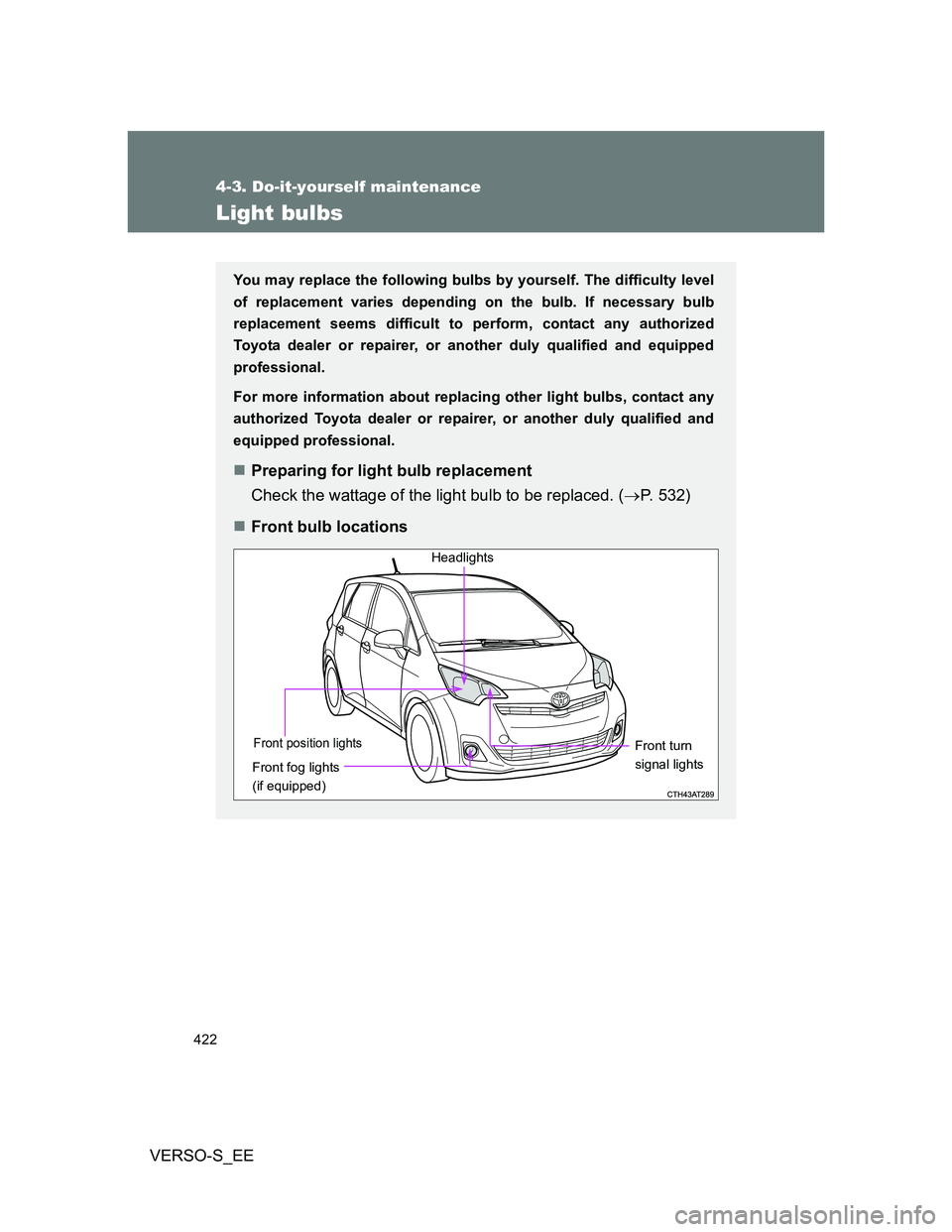 TOYOTA VERSO S 2014  Owners Manual 422
4-3. Do-it-yourself maintenance
VERSO-S_EE
Light bulbs
You may replace the following bulbs by yourself. The difficulty level
of replacement varies depending on the bulb. If necessary bulb
replacem