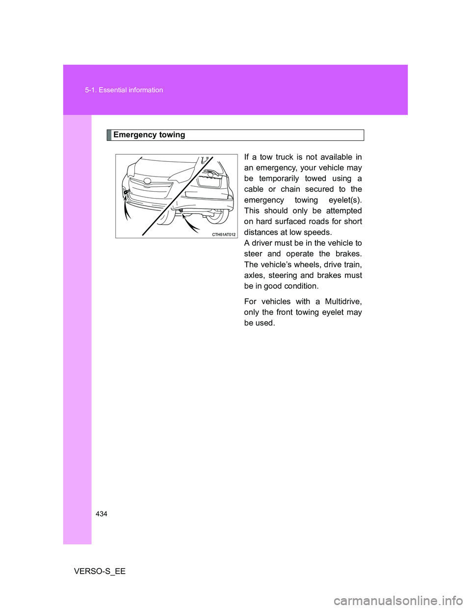 TOYOTA VERSO S 2014 Owners Manual 434 5-1. Essential information
VERSO-S_EE
Emergency towing
If a tow truck is not available in
an emergency, your vehicle may
be temporarily towed using a
cable or chain secured to the
emergency towing TOYOTA VERSO S 2014 Owners Manual 434 5-1. Essential information
VERSO-S_EE
Emergency towing
If a tow truck is not available in
an emergency, your vehicle may
be temporarily towed using a
cable or chain secured to the
emergency towing