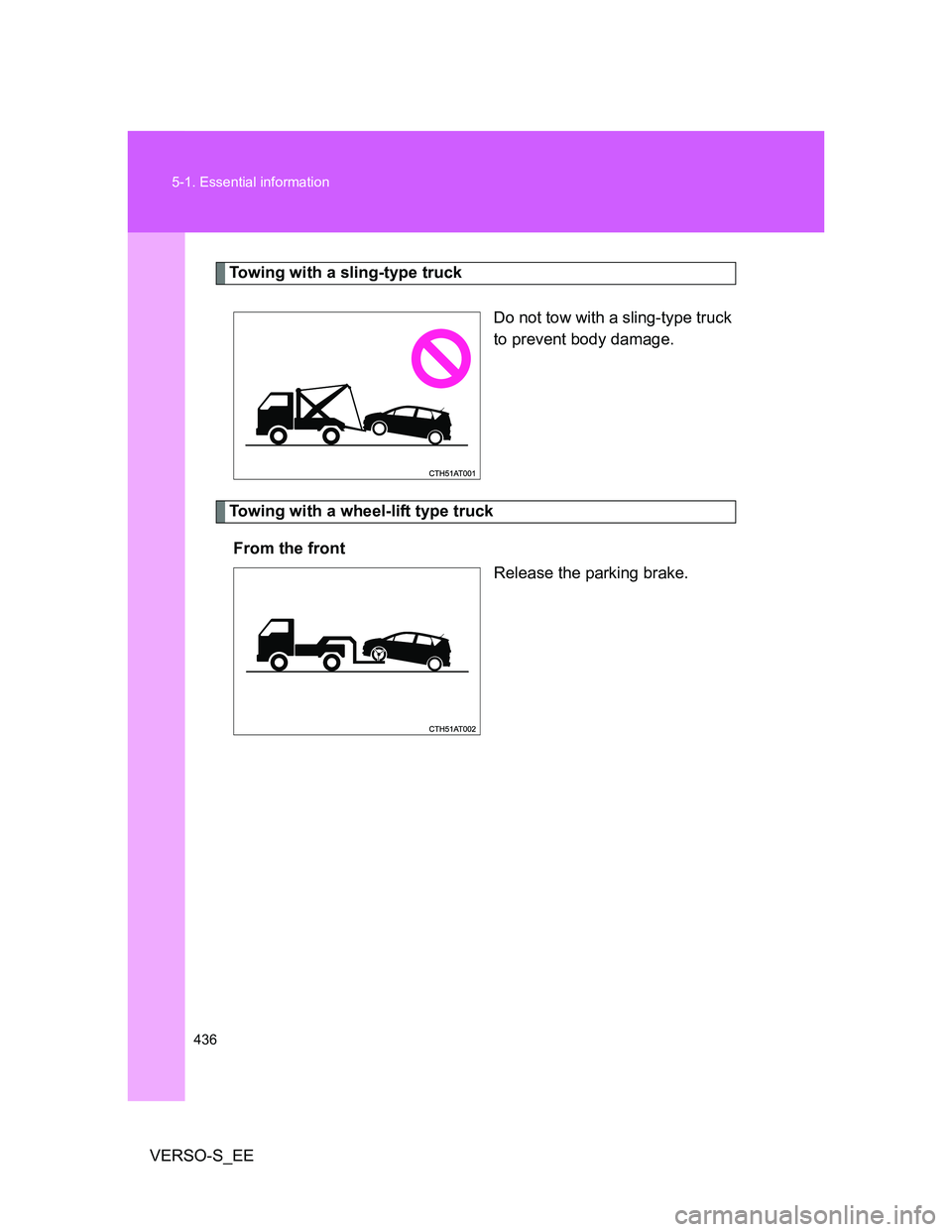 TOYOTA VERSO S 2014 Owners Manual 436 5-1. Essential information
VERSO-S_EE
Towing with a sling-type truck
Do not tow with a sling-type truck
to prevent body damage.
Towing with a wheel-lift type truck
From the front
Release the parki TOYOTA VERSO S 2014 Owners Manual 436 5-1. Essential information
VERSO-S_EE
Towing with a sling-type truck
Do not tow with a sling-type truck
to prevent body damage.
Towing with a wheel-lift type truck
From the front
Release the parki