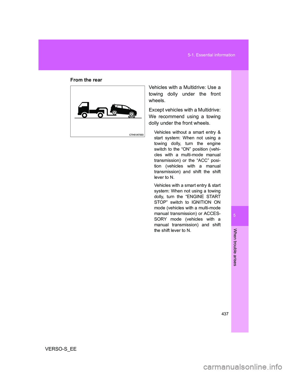 TOYOTA VERSO S 2014 Owners Manual 5
437 5-1. Essential information
When trouble arises
VERSO-S_EEFrom the rear
Vehicles with a Multidrive: Use a
towing dolly under the front
wheels.
Except vehicles with a Multidrive:
We recommend usin TOYOTA VERSO S 2014 Owners Manual 5
437 5-1. Essential information
When trouble arises
VERSO-S_EEFrom the rear
Vehicles with a Multidrive: Use a
towing dolly under the front
wheels.
Except vehicles with a Multidrive:
We recommend usin