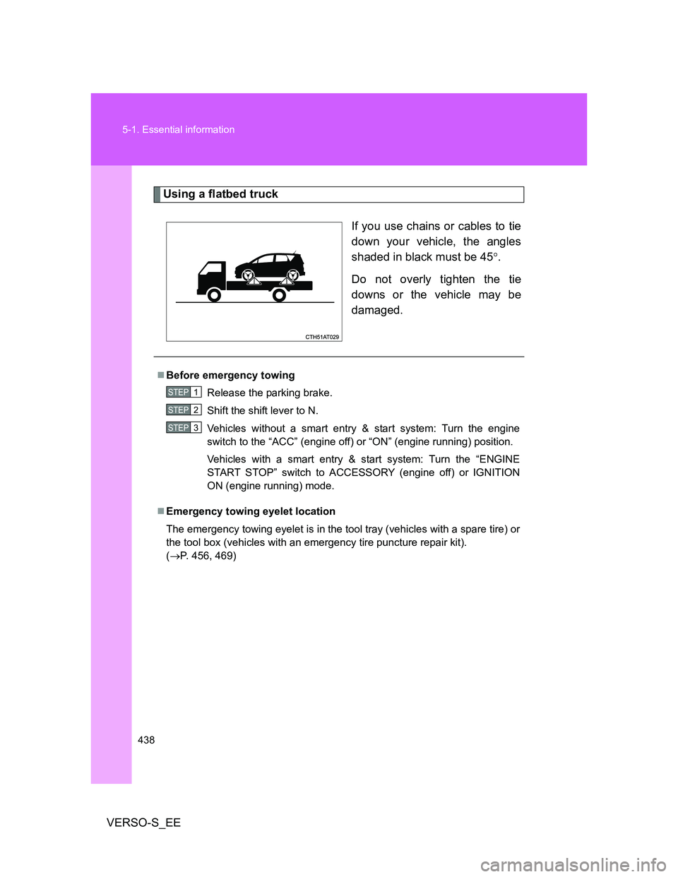 TOYOTA VERSO S 2014 Owners Manual 438 5-1. Essential information
VERSO-S_EE
Using a flatbed truck
If you use chains or cables to tie
down your vehicle, the angles
shaded in black must be 45.
Do not overly tighten the tie
downs or t TOYOTA VERSO S 2014 Owners Manual 438 5-1. Essential information
VERSO-S_EE
Using a flatbed truck
If you use chains or cables to tie
down your vehicle, the angles
shaded in black must be 45.
Do not overly tighten the tie
downs or t