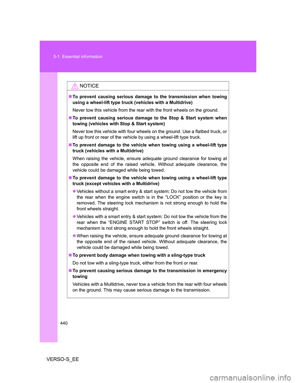 TOYOTA VERSO S 2014 Owners Manual 440 5-1. Essential information
VERSO-S_EE
NOTICE
To prevent causing serious damage to the transmission when towing
using a wheel-lift type truck (vehicles with a Multidrive)
Never tow this vehicle TOYOTA VERSO S 2014 Owners Manual 440 5-1. Essential information
VERSO-S_EE
NOTICE
To prevent causing serious damage to the transmission when towing
using a wheel-lift type truck (vehicles with a Multidrive)
Never tow this vehicle