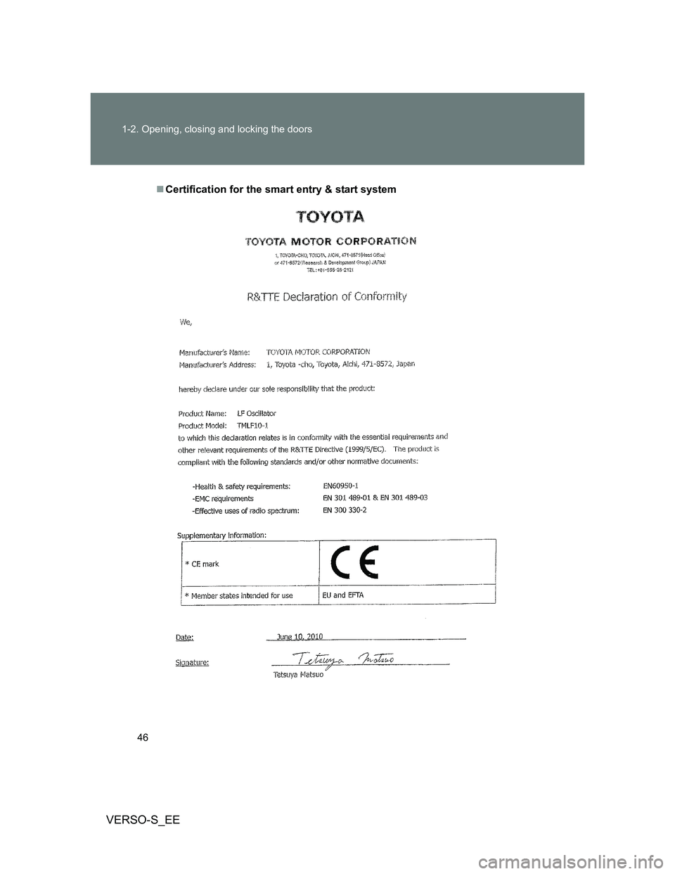 TOYOTA VERSO S 2014 Service Manual 46 1-2. Opening, closing and locking the doors
VERSO-S_EE
Certification for the smart entry & start system 