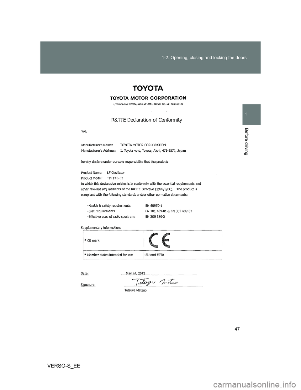 TOYOTA VERSO S 2014 Service Manual 47 1-2. Opening, closing and locking the doors
1
Before driving
VERSO-S_EE 