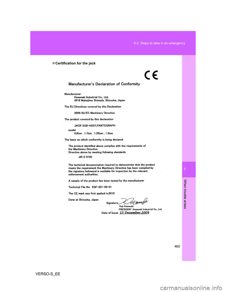TOYOTA VERSO S 2014 Owners Manual 5
465 5-2. Steps to take in an emergency
When trouble arises
VERSO-S_EE
Certification for the jack TOYOTA VERSO S 2014 Owners Manual 5
465 5-2. Steps to take in an emergency
When trouble arises
VERSO-S_EE
Certification for the jack