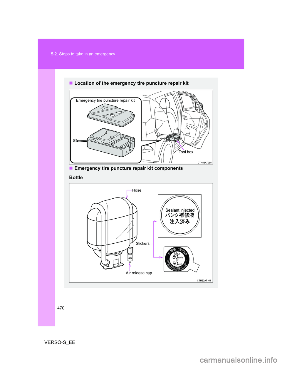 TOYOTA VERSO S 2014 Owners Manual 470 5-2. Steps to take in an emergency
VERSO-S_EE
Location of the emergency tire puncture repair kit
Emergency tire puncture repair kit components
Bottle
Tool box
Emergency tire puncture repair TOYOTA VERSO S 2014 Owners Manual 470 5-2. Steps to take in an emergency
VERSO-S_EE
Location of the emergency tire puncture repair kit
Emergency tire puncture repair kit components
Bottle
Tool box
Emergency tire puncture repair