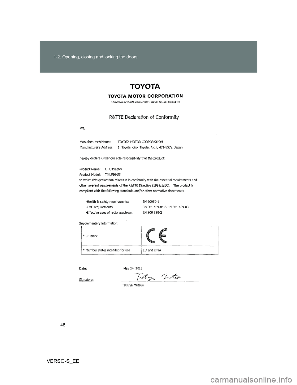 TOYOTA VERSO S 2014 Service Manual 48 1-2. Opening, closing and locking the doors
VERSO-S_EE 