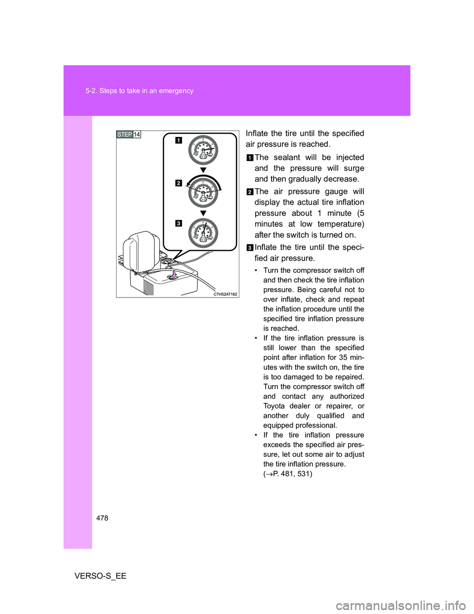 TOYOTA VERSO S 2014 Owners Manual 478 5-2. Steps to take in an emergency
VERSO-S_EEInflate the tire until the specified
air pressure is reached.
The sealant will be injected
and the pressure will surge
and then gradually decrease.
The TOYOTA VERSO S 2014 Owners Manual 478 5-2. Steps to take in an emergency
VERSO-S_EEInflate the tire until the specified
air pressure is reached.
The sealant will be injected
and the pressure will surge
and then gradually decrease.
The