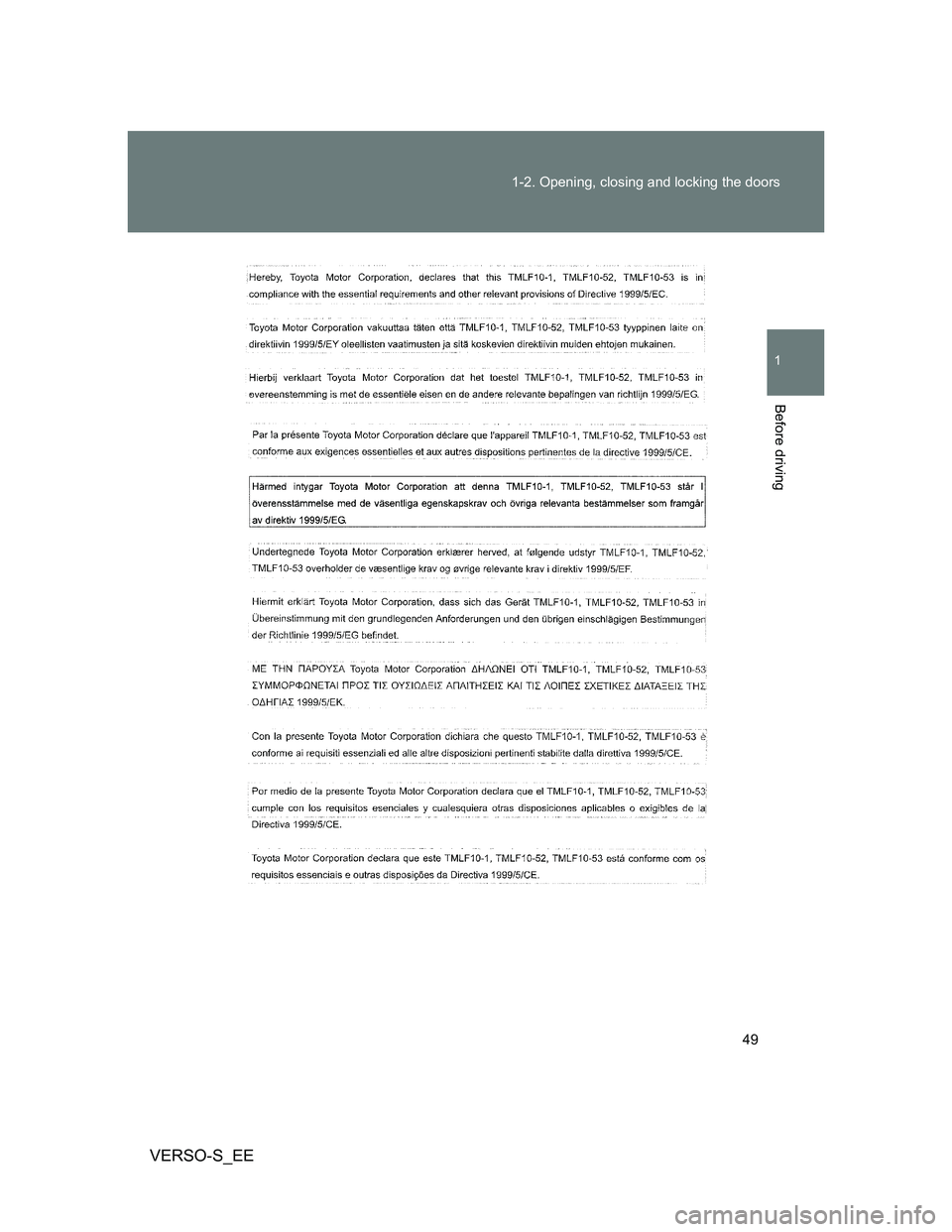 TOYOTA VERSO S 2014 Service Manual 49 1-2. Opening, closing and locking the doors
1
Before driving
VERSO-S_EE 