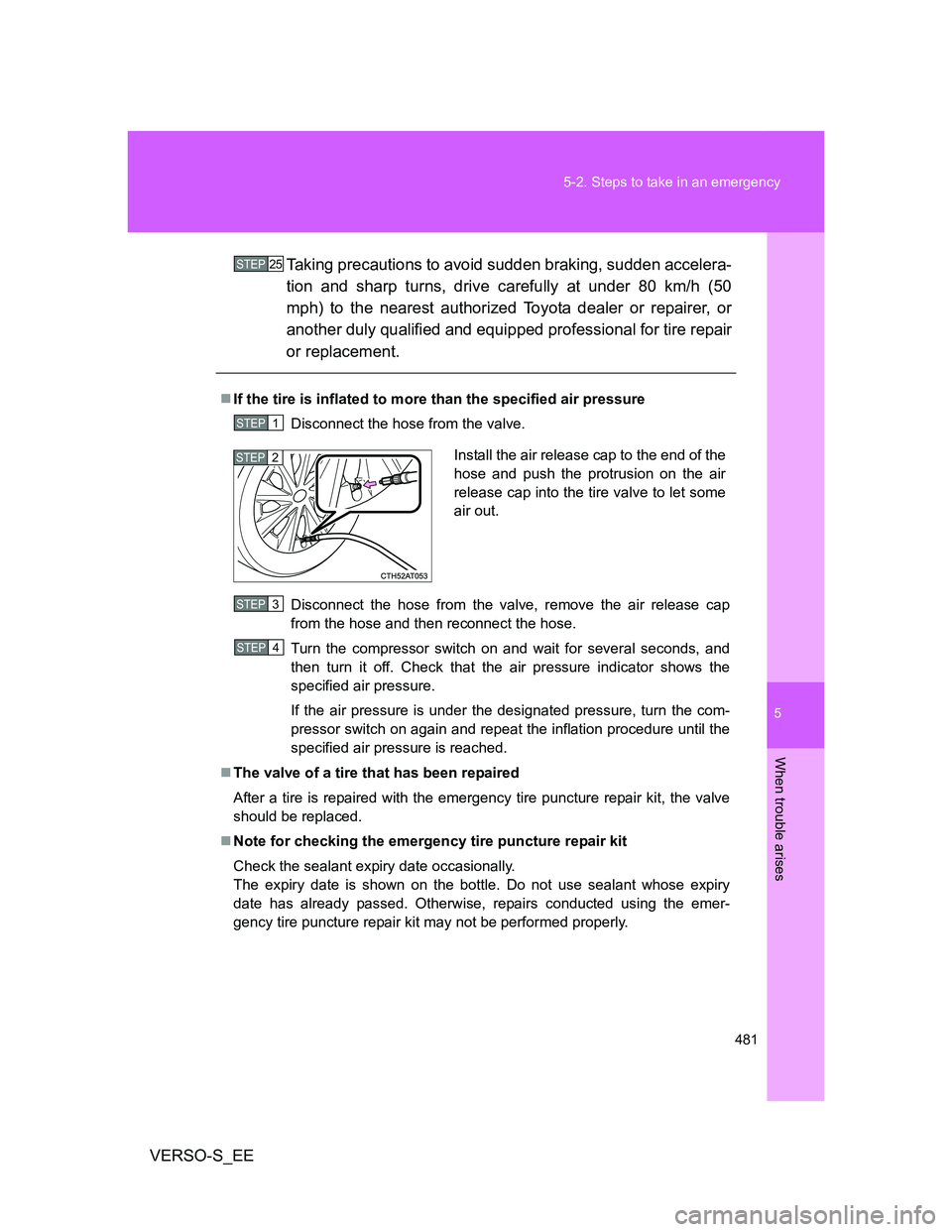 TOYOTA VERSO S 2014 Owners Manual 5
481 5-2. Steps to take in an emergency
When trouble arises
VERSO-S_EETaking precautions to avoid sudden braking, sudden accelera-
tion and sharp turns, drive carefully at under 80 km/h (50
mph) to t TOYOTA VERSO S 2014 Owners Manual 5
481 5-2. Steps to take in an emergency
When trouble arises
VERSO-S_EETaking precautions to avoid sudden braking, sudden accelera-
tion and sharp turns, drive carefully at under 80 km/h (50
mph) to t